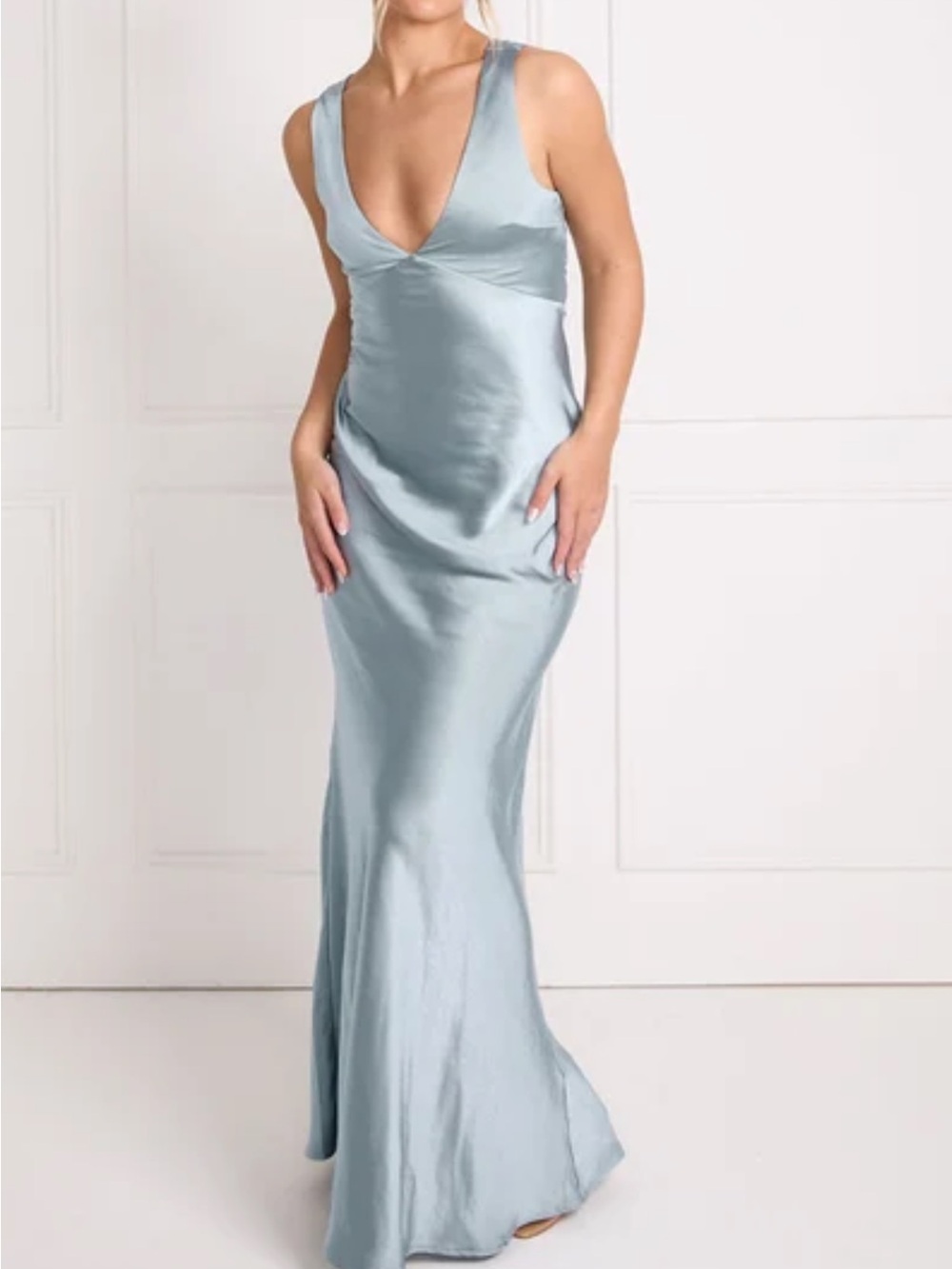 Coco Satin V-Neck Slip Maxi Dress in Dusty Blue